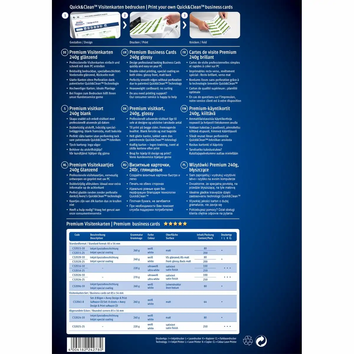 AVERY Zweckform Visitenkarten Inkjet 240g/m² glänzend weiß 85x54mm 80 Stück-3