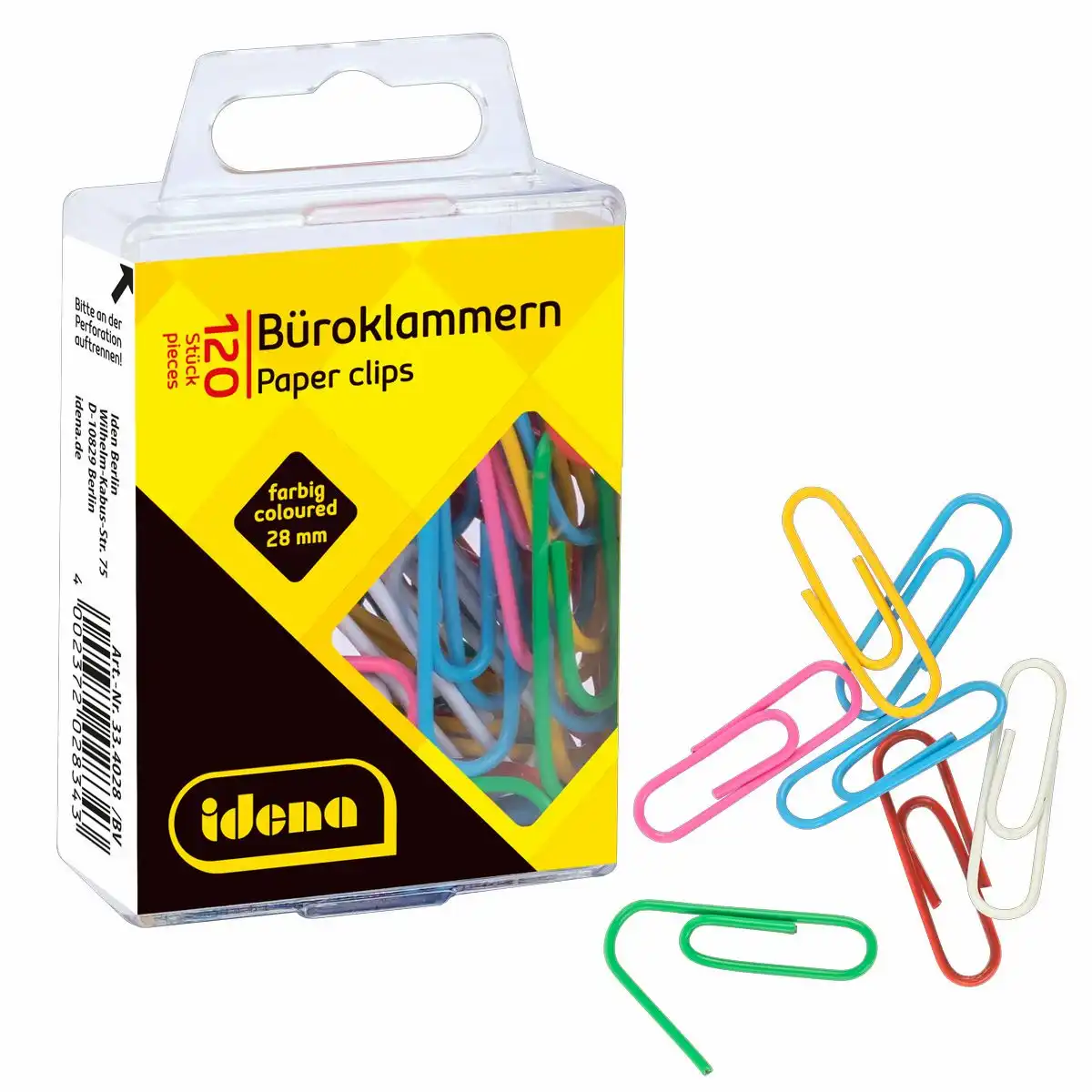 Idena Büroklammern aus Metall kunststoffummantelt mehrfarbig 120 Stück Hängebox