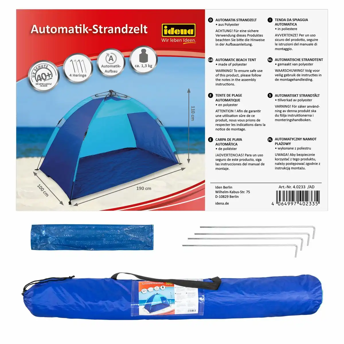 Idena Automatik Strandzelt UV40+ mit Tragetasche blau/türkis 190x100x110cm