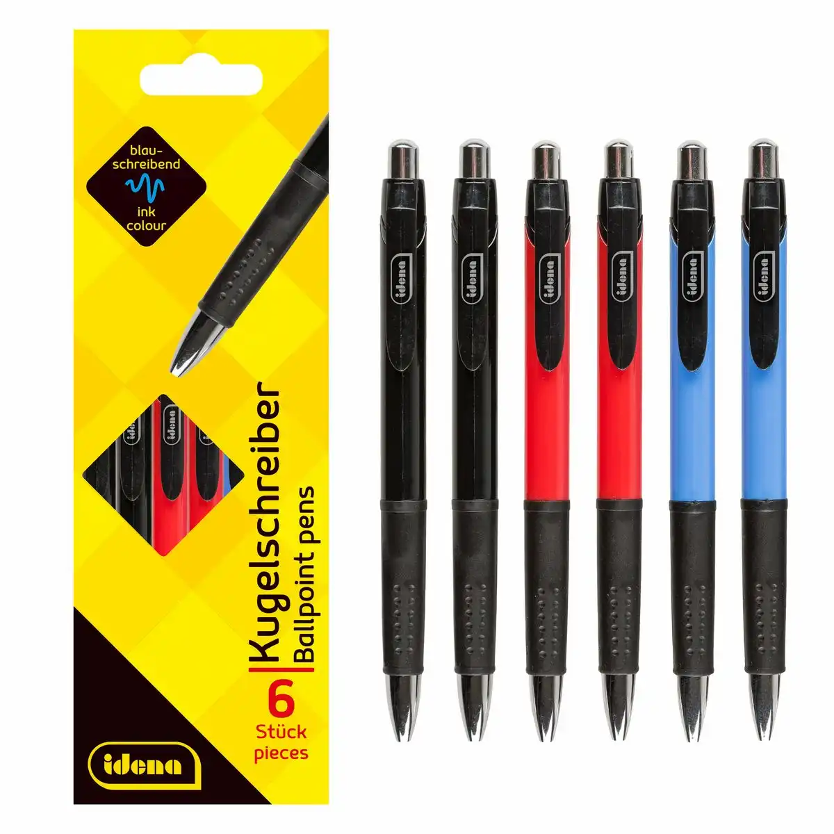 500291_00 Idena Kugelschreiber blauschreibend schwarz/rot/blau 14cm 6 Stück