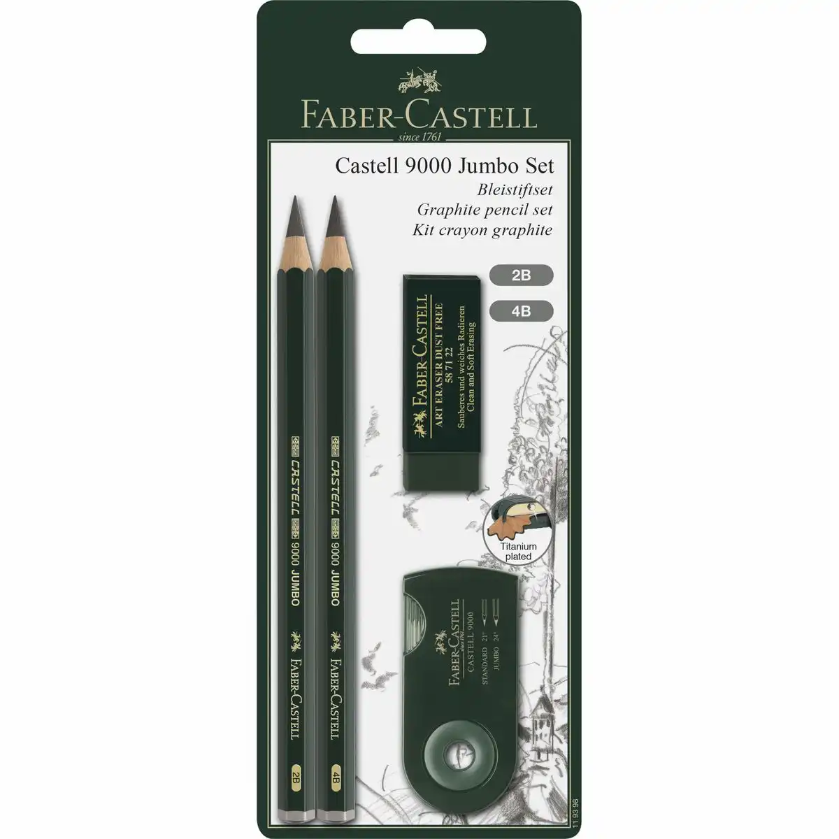 510657_00 FABER-CASTELL Schreib Set Castell 9000 Jumbo Set 2B und 4B dunkelgrün 4 Teile Blister