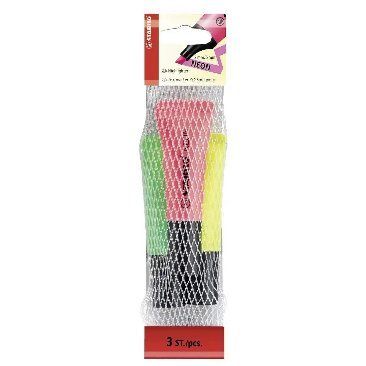 STABILO Textmarker NEON gelb grün pink 3 Stück Netz