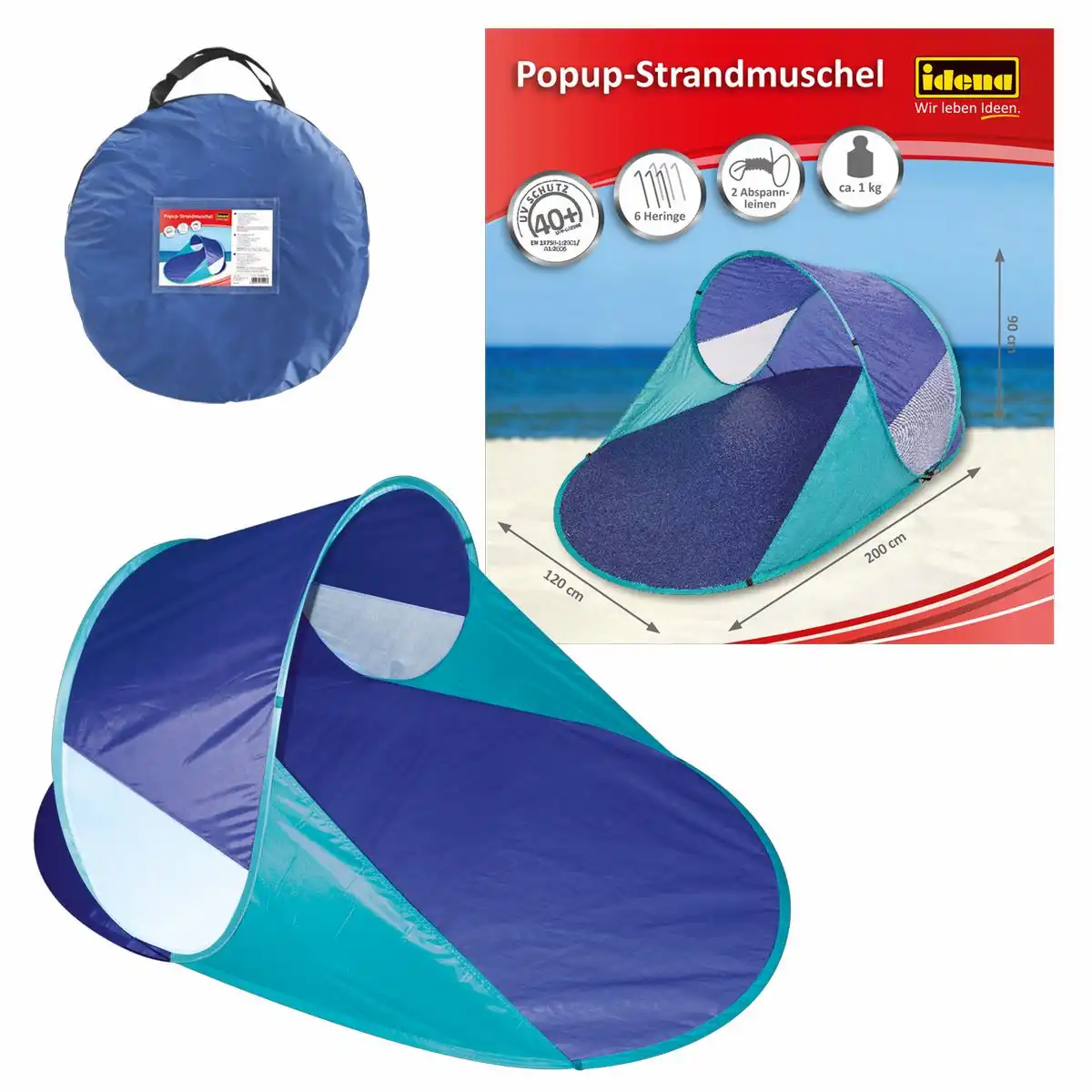 7570010_00 Idena Popup-Strandmuschel UV40+ blau/türkis 200x120x90cm