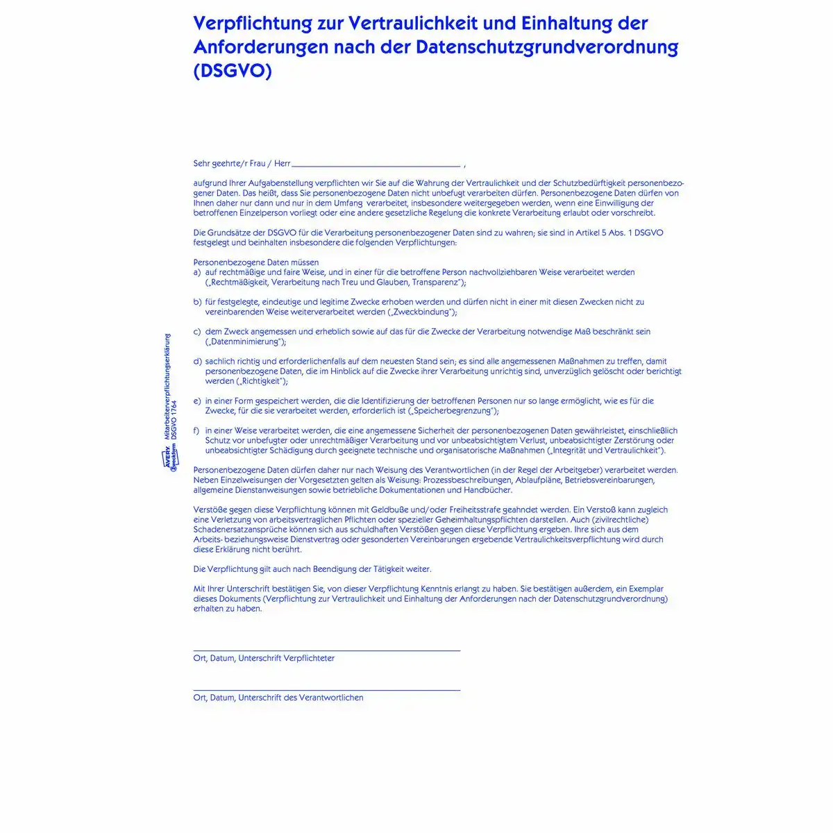 AVERY Zweckform Mitarbeiterverpflichtungserklärung DSGVO selbstdurchschreibend DIN A4