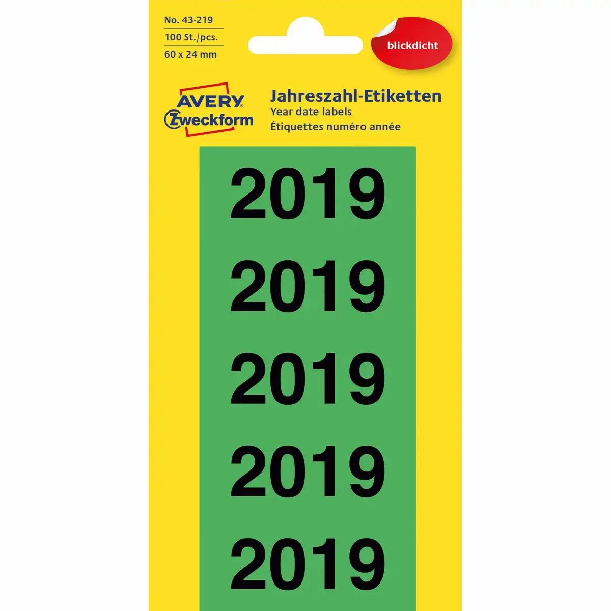 10056526_00 AVERY Zweckform Jahreszahletiketten 2019 grün 60x24mm 100 Stück für Ordnerrücken 8cm
