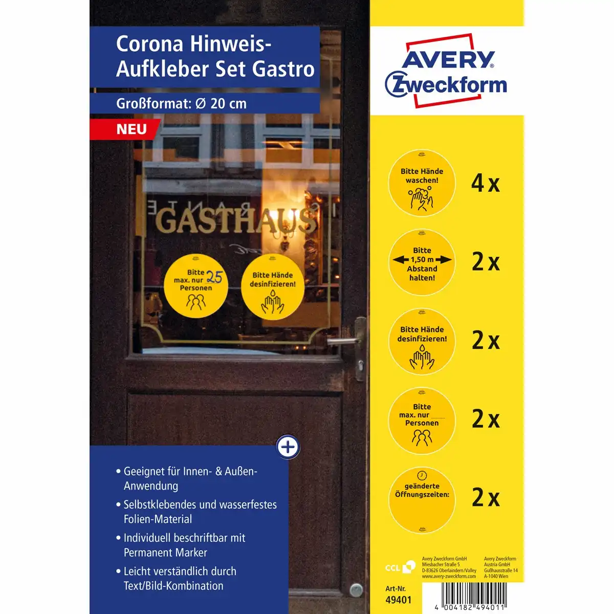 10263452_00 AVERY Zweckform Corona Warnschilder Set Gastronomie gelb/schwarz Ø200mm 12 Stück