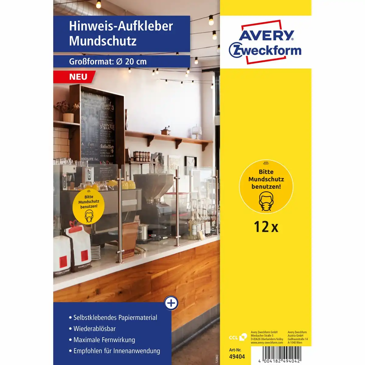 AVERY Zweckform Hinweis Aufkleber Mundschutz gelb/schwarz Ø200mm 12 Stück