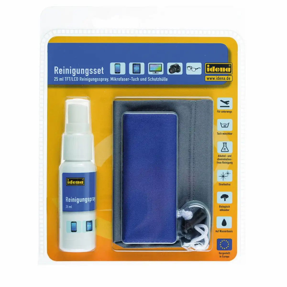 Idena Reinigungsset Spray Mikrofaser-Tuch und Schutzhülle antibakteriell 25ml