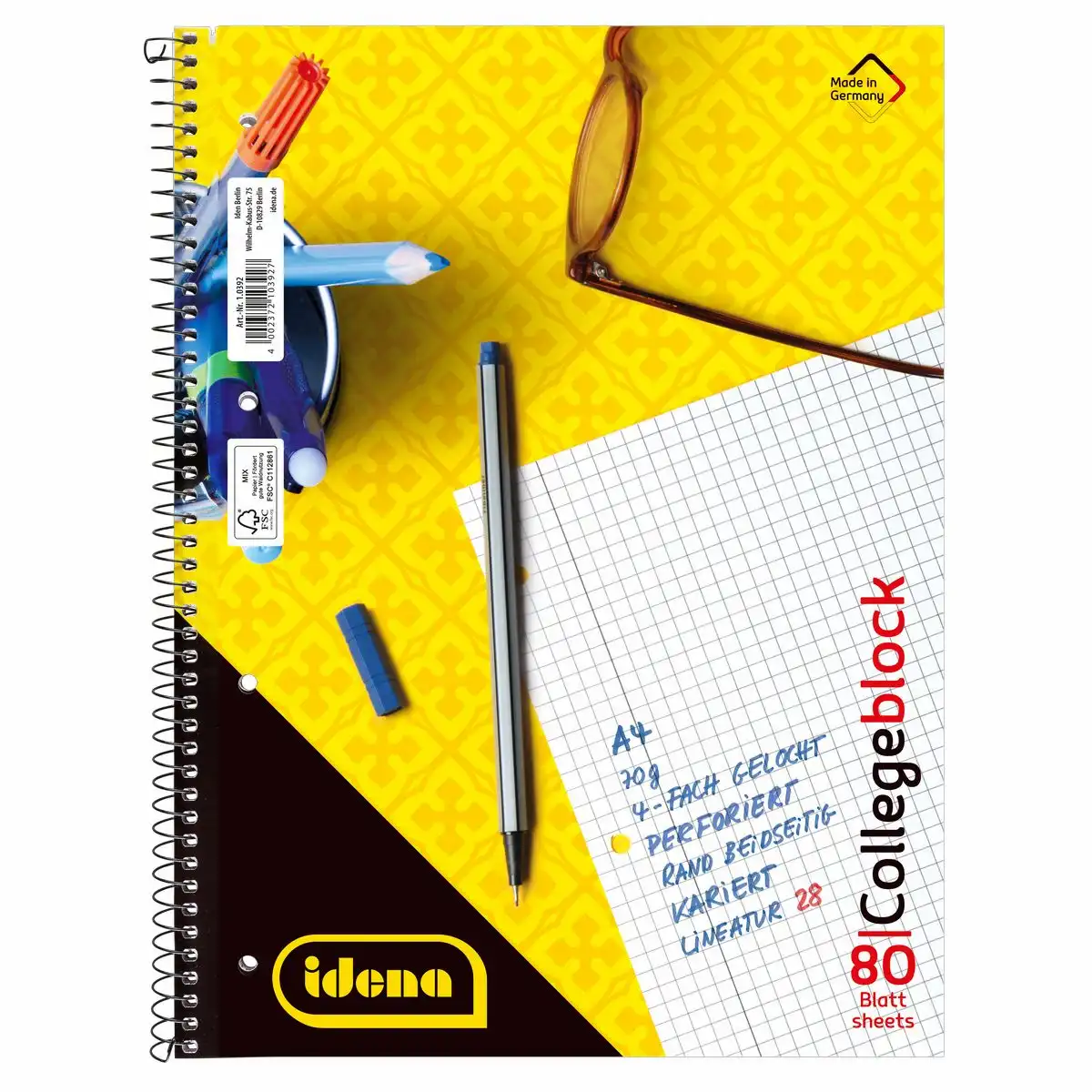 10392_00 Idena Collegeblock Lineatur 28 kariert mit Doppelrand 80 Blatt 70g/m² DIN A4 5er Pack