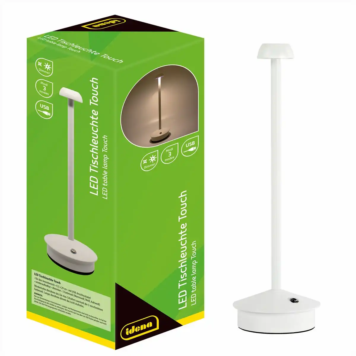 50122_00 Idena LED Tischleuchte Touch Metall weiß 9,5x29cm Akku USB dimmbar 3 Modi Innen
