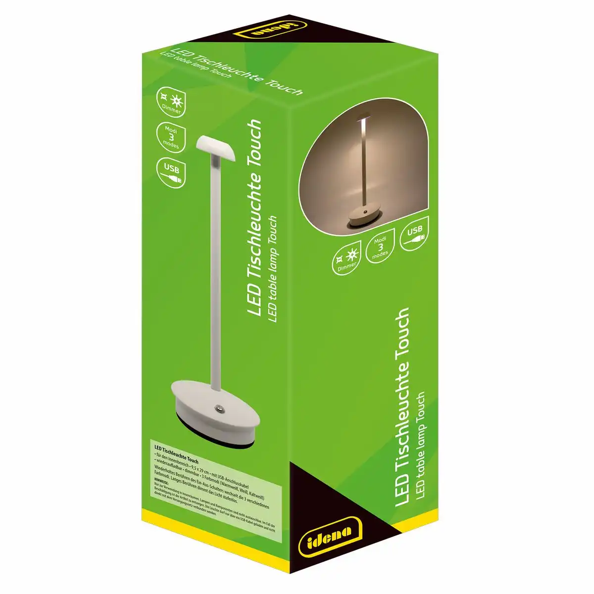 50122_01 Idena LED Tischleuchte Touch Metall weiß 9,5x29cm Akku USB dimmbar 3 Modi Innen