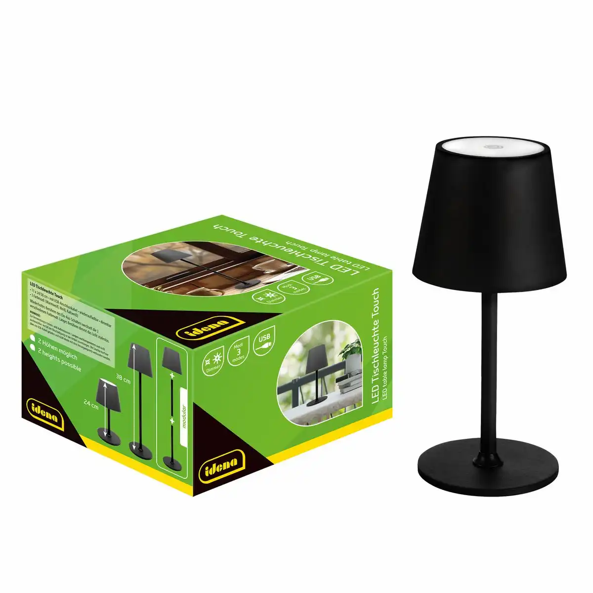 Idena LED Tischleuchte Touch Metall 11x24/38cm Akku USB dimmbar 3 Modi Innen und Außen - schwarz