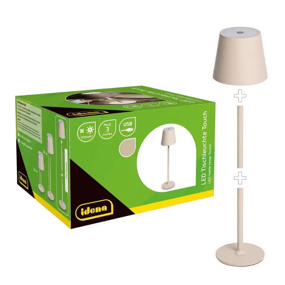 Idena LED Tischleuchte Touch Metall 11x24/38cm Akku USB dimmbar 3 Modi Innen und Außen - beige
