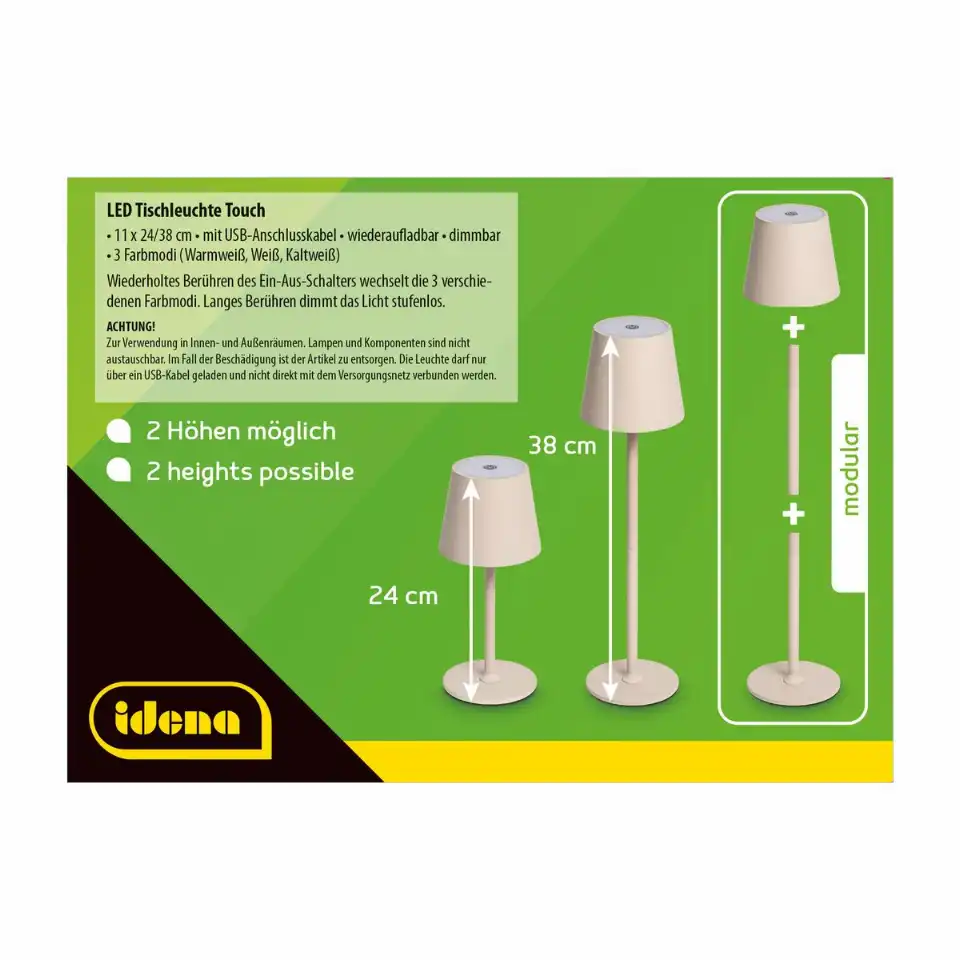 Idena LED Tischleuchte Touch Metall 11x24/38cm Akku USB dimmbar 3 Modi Innen und Außen - beige