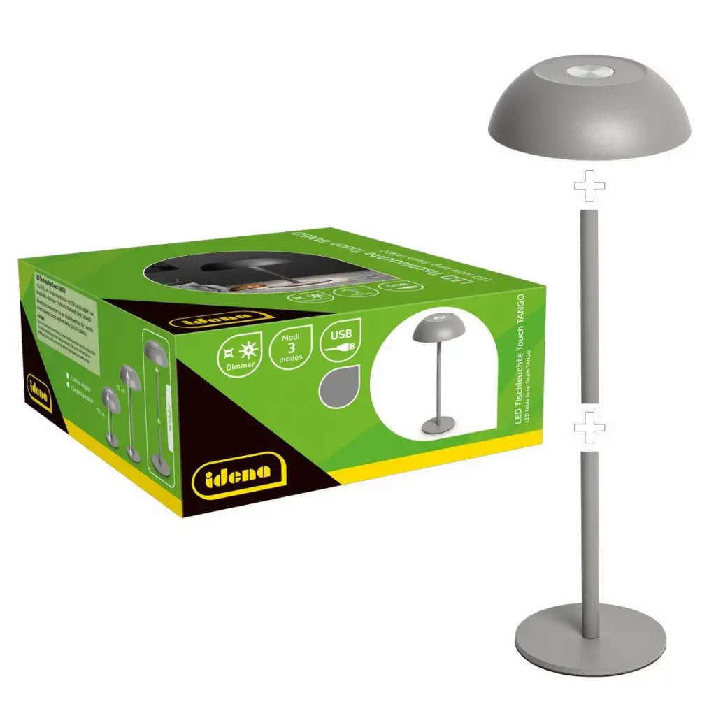 50155_00 Idena LED Tischleuchte Touch Tango Metall 15x33cm Akku USB dimmbar 3 Modi Innen - grau