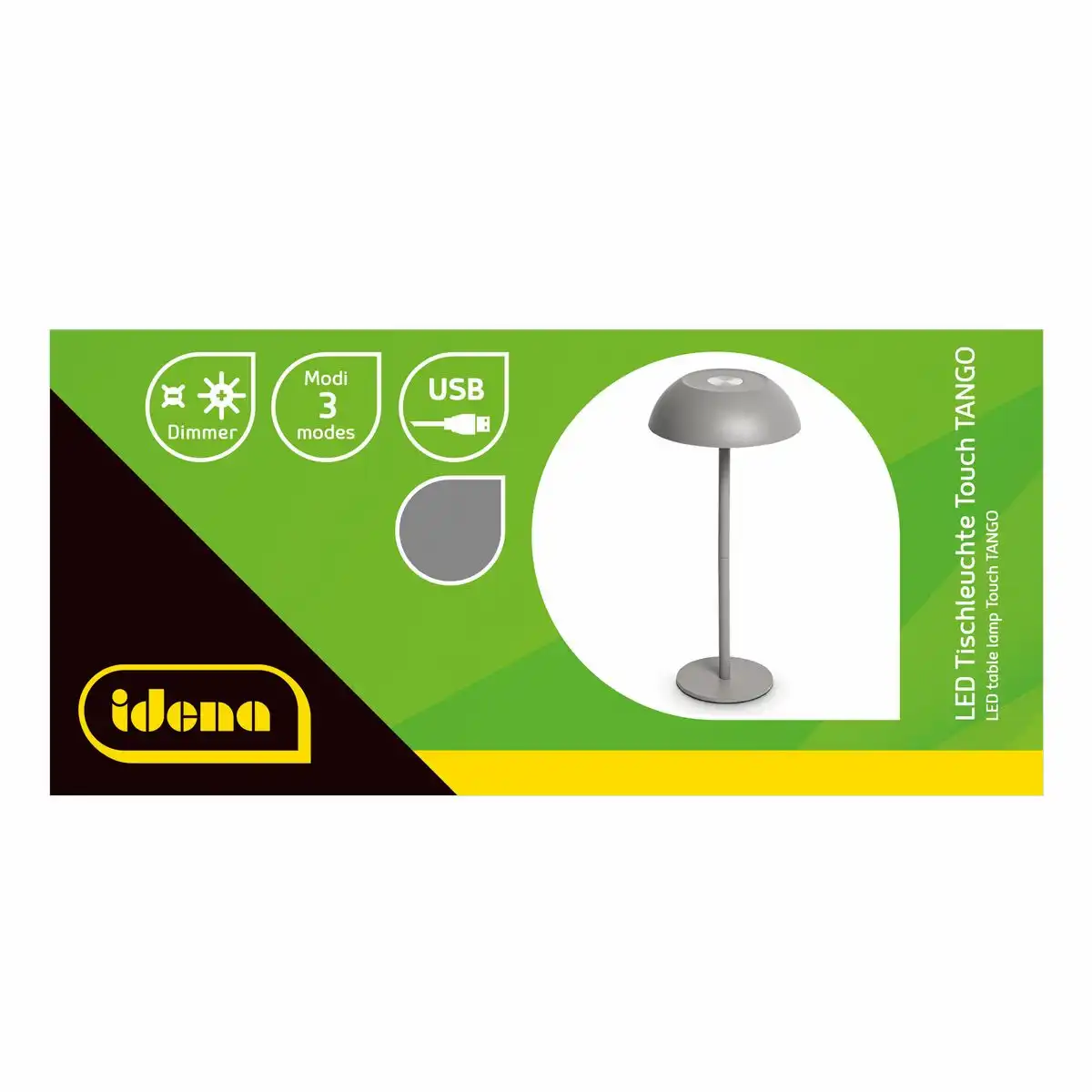 Idena LED Tischleuchte Touch Tango Metall 15x33cm Akku USB dimmbar 3 Modi Innen - grau