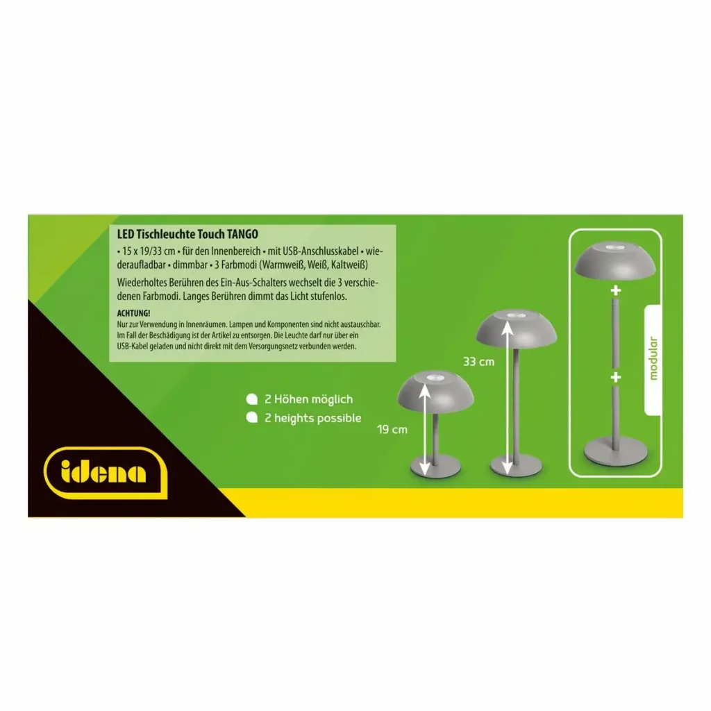 50155_02 Idena LED Tischleuchte Touch Tango Metall 15x33cm Akku USB dimmbar 3 Modi Innen - grau