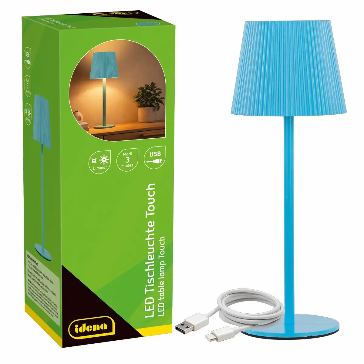 Idena LED Tischleuchte Touch Metall/Kunststoff blau 9x24,5cm Akku USB dimmbar 3 Modi Innen
