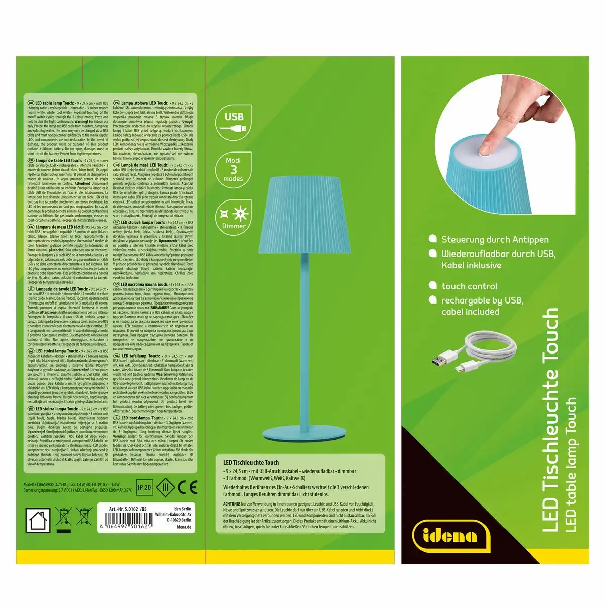 Idena LED Tischleuchte Touch Metall/Kunststoff blau 9x24,5cm Akku USB dimmbar 3 Modi Innen