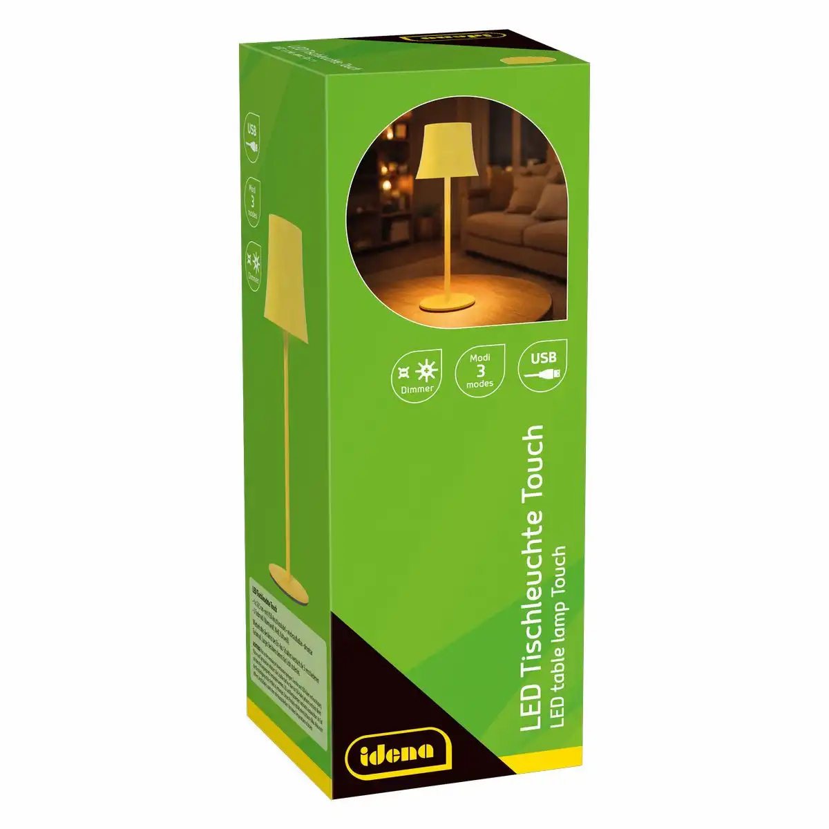 Idena LED Tischleuchte Touch Metall/Kunststoff gelb 9x24,5cm Akku USB dimmbar 3 Modi Innen