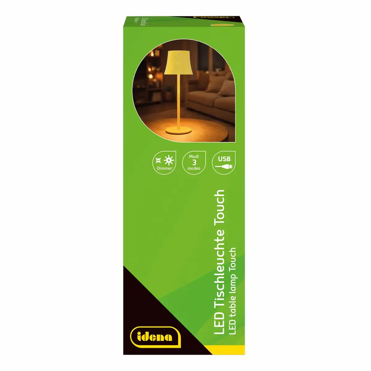 Idena LED Tischleuchte Touch Metall/Kunststoff gelb 9x24,5cm Akku USB dimmbar 3 Modi Innen