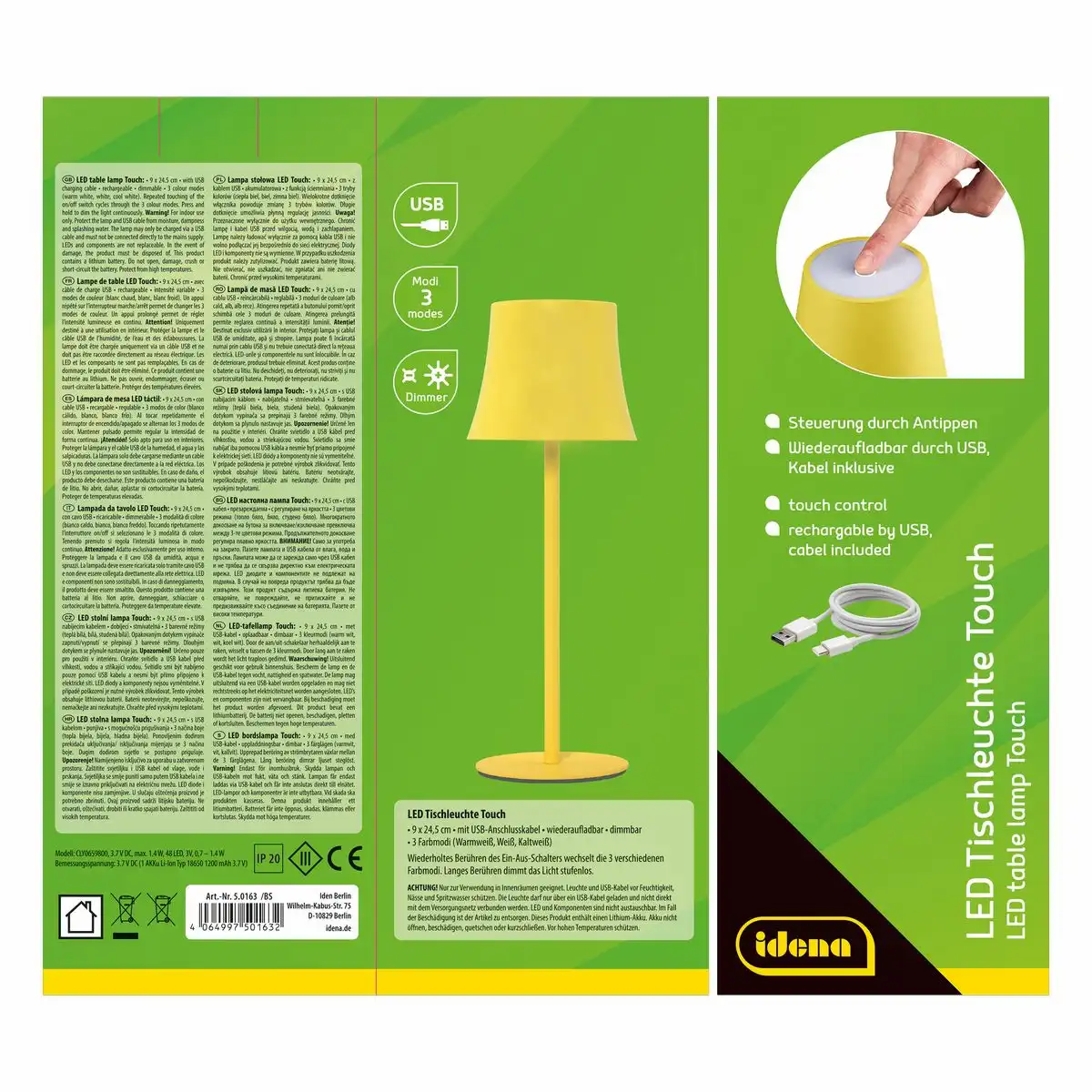 Idena LED Tischleuchte Touch Metall/Kunststoff gelb 9x24,5cm Akku USB dimmbar 3 Modi Innen