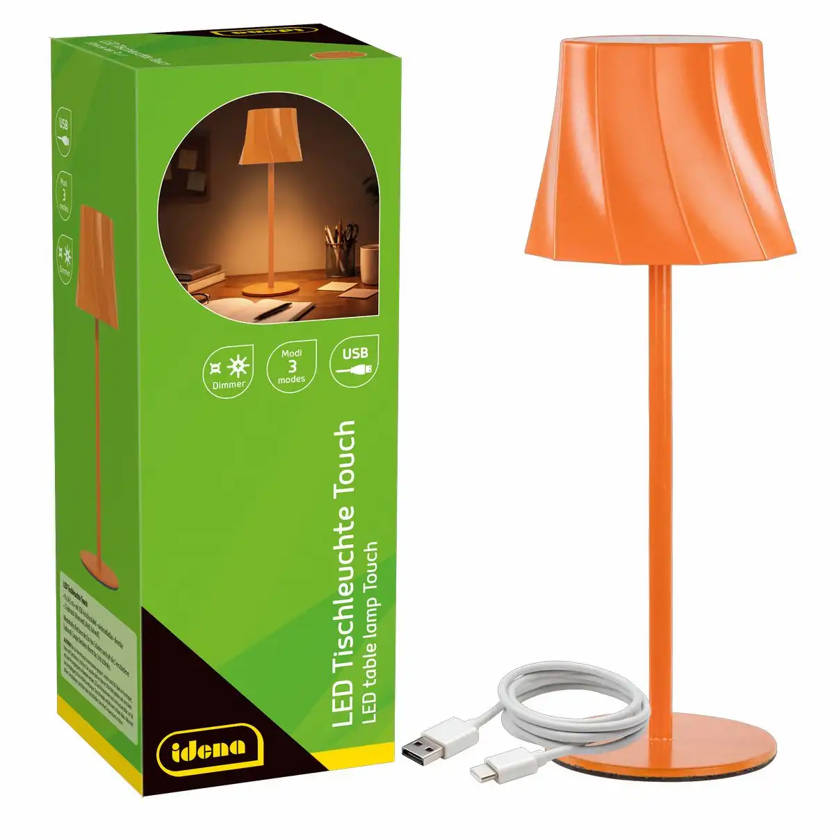 Idena LED Tischleuchte Touch Metall/Kunststoff orange 9x24,5cm Akku USB dimmbar 3 Modi Innen