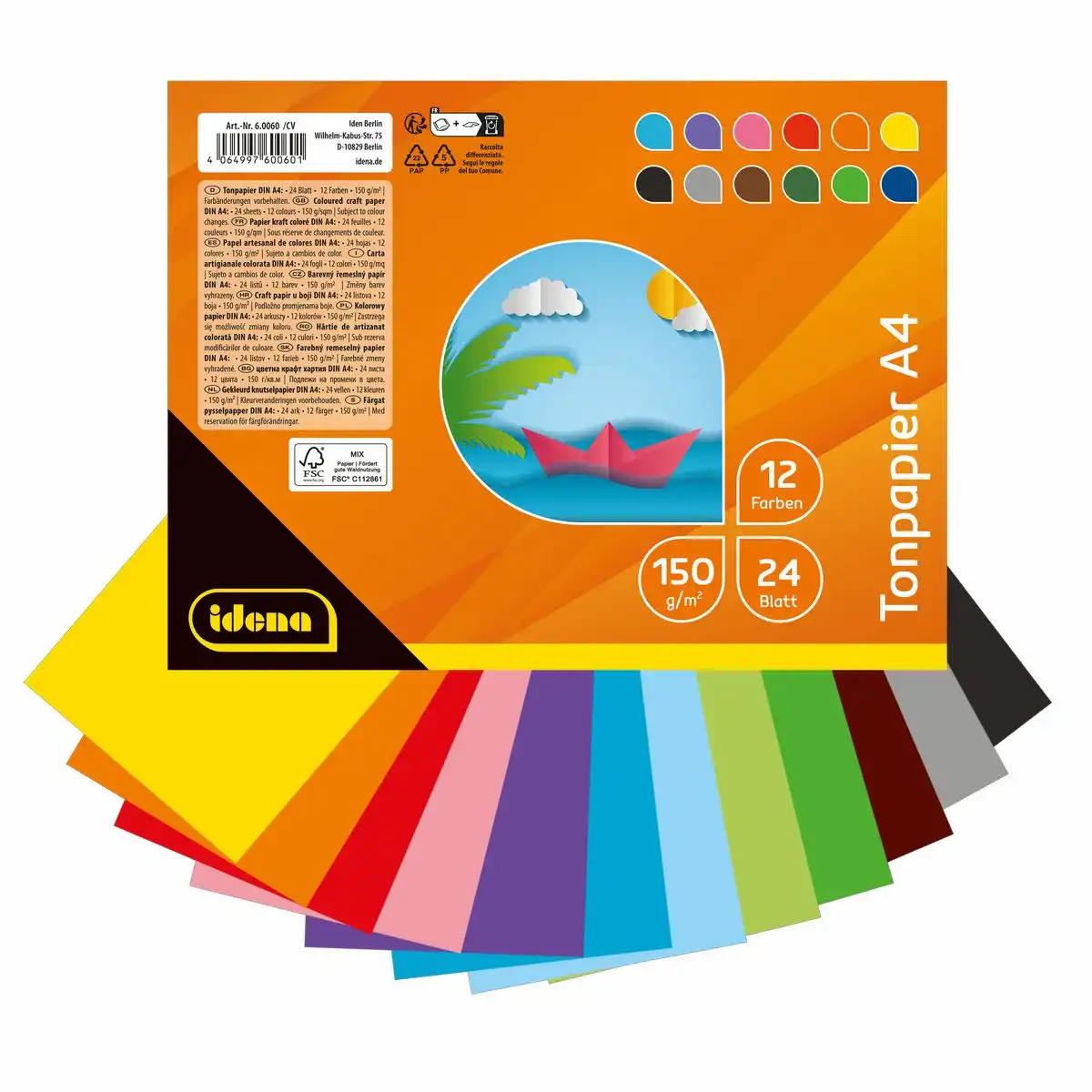 60060_00 Idena Tonpapier 150g/m² 2x12 Farben DIN A4