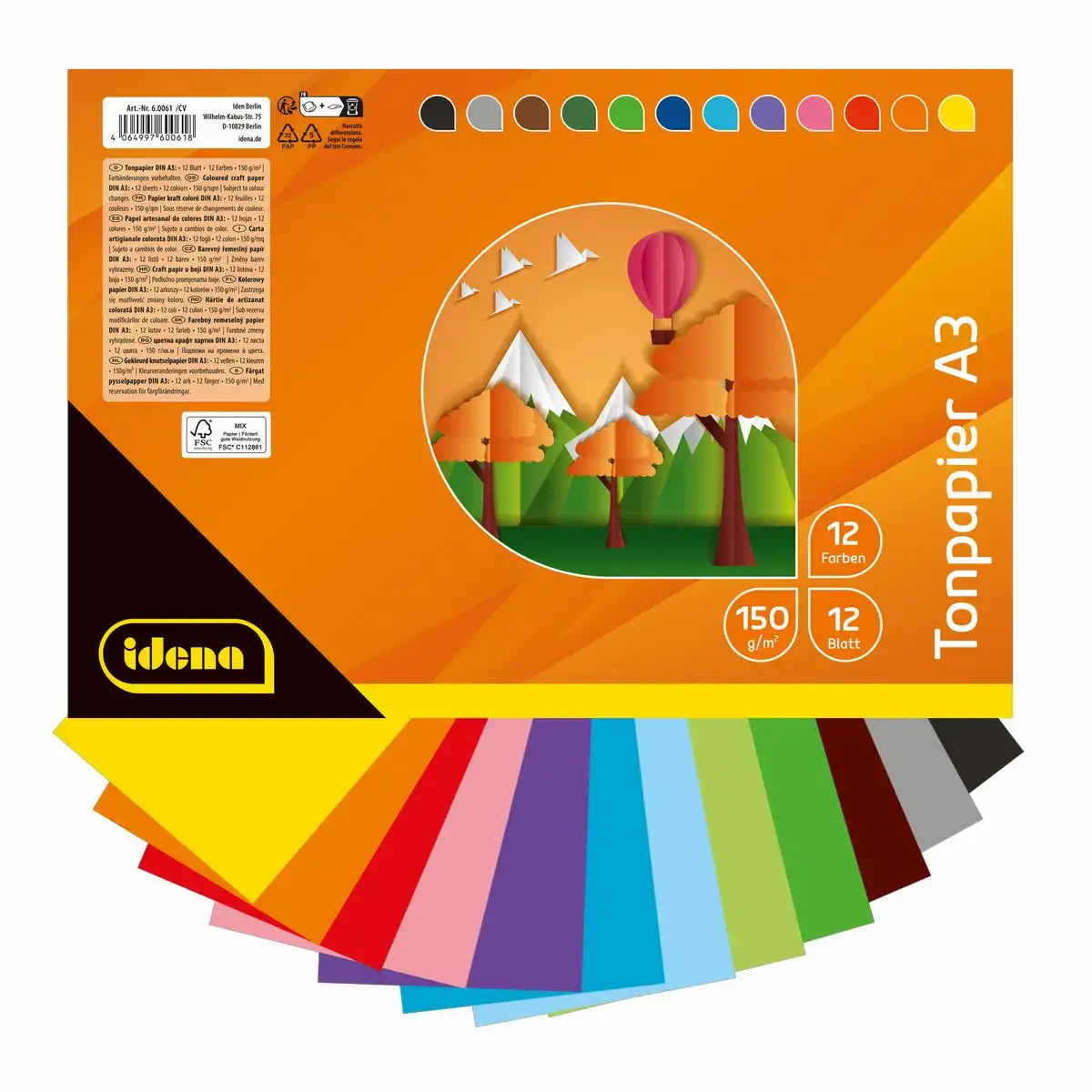 60061_00 Idena Tonpapier 150g/m² 12 Farben DIN A3