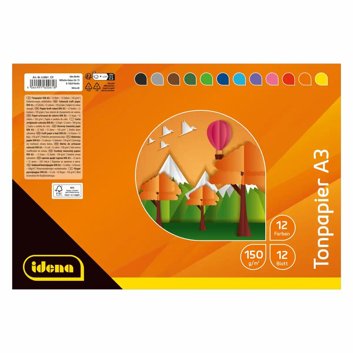 60061_01 Idena Tonpapier 150g/m² 12 Farben DIN A3